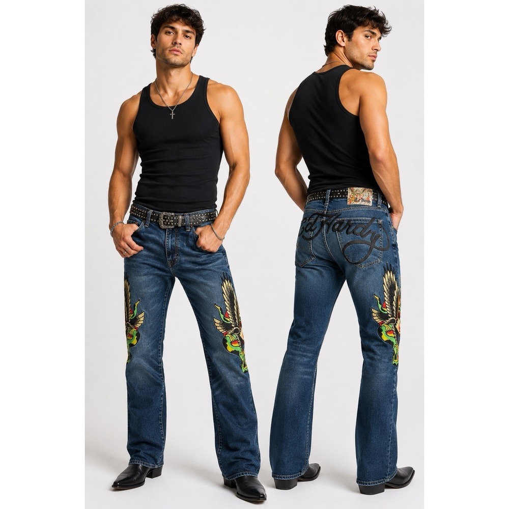 Ed Hardy Eagle Snake Embroidered Jeans Men's 30 Y2K Tattoo Biker